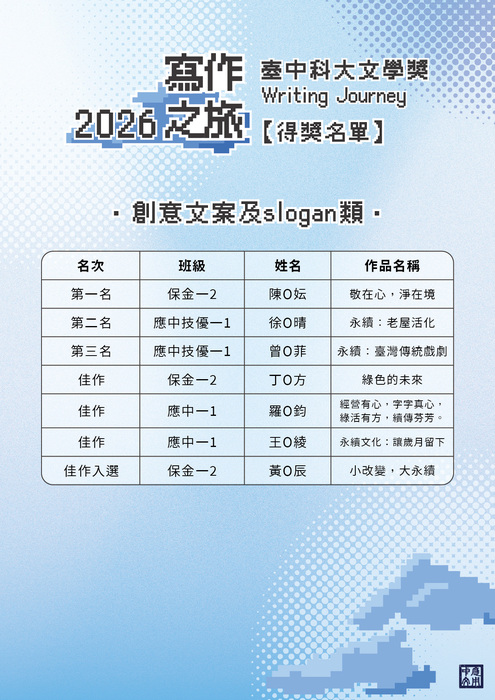 【公告】2026臺中科大文學獎得獎名單圖片