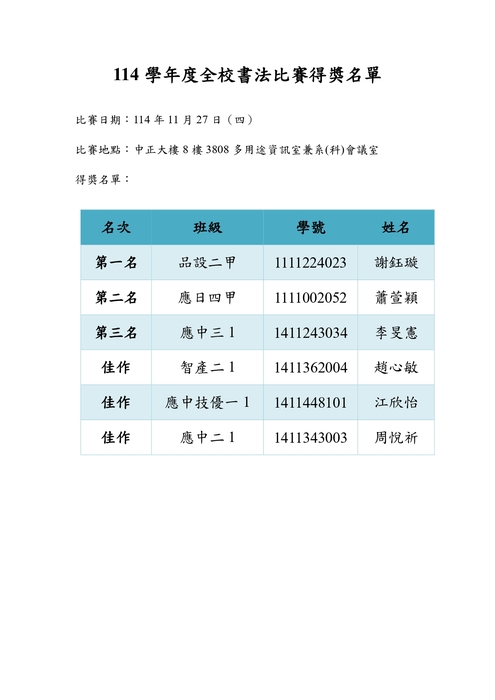 【公告】114學年度全校書法比賽得獎名單圖片